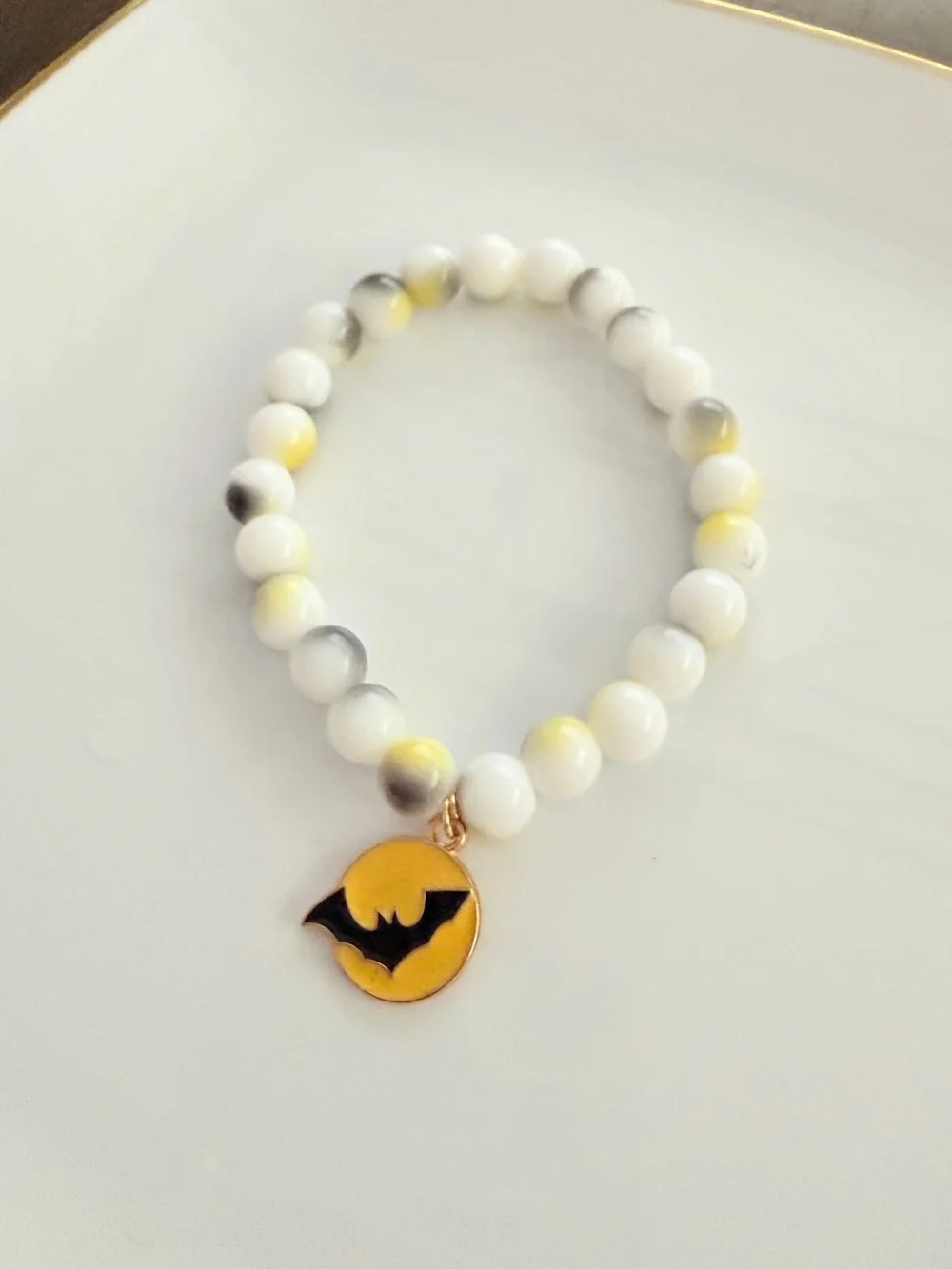 Halloween Beaded Bracelet with Gold Bat Charm
